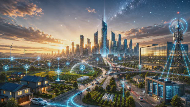 A near-future city at dusk with residential broadband devices, industrial facilities, a telecommunications tower, and a data-centre campus interconnected by glowing network lines — the physical infrastructure layer beneath the AI stack that vertical slices anchor into.