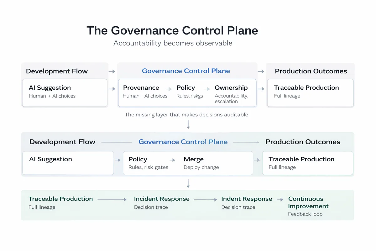 Governance control plane architecture — development decisions flow through provenance, policy gates, trust layers, ownership, and audit trail before reaching production